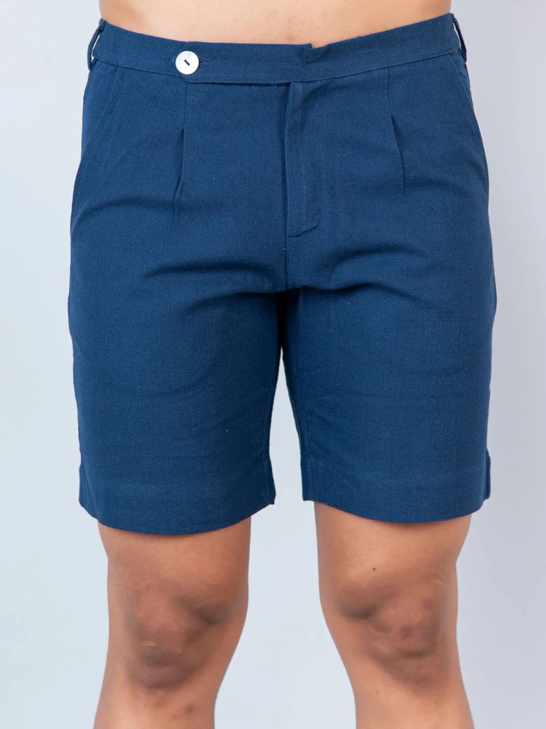 Blue Linen Solid Pattern Shorts
