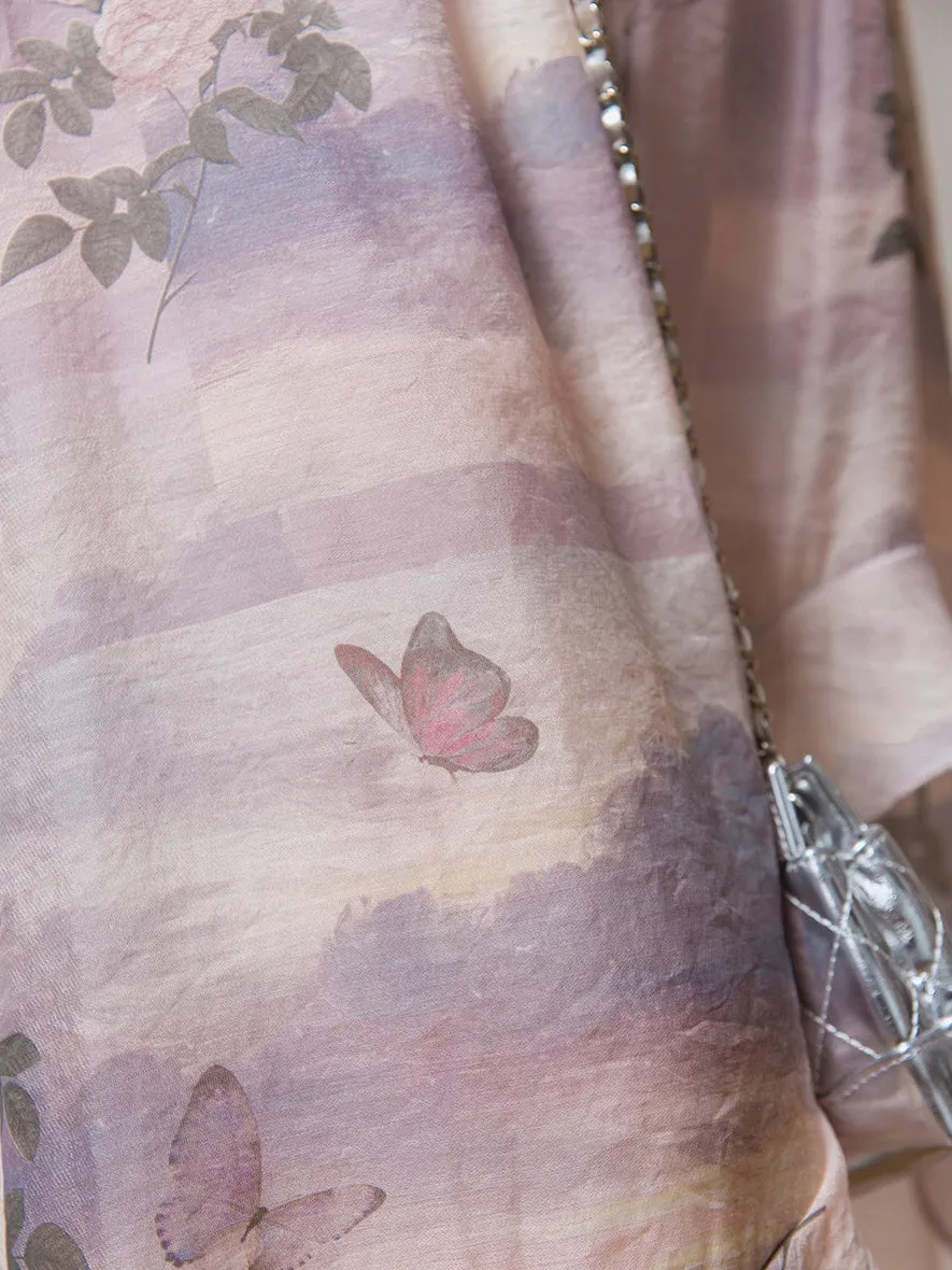 Braided Rose & Butterfly Print Sleeveless Irregular Hem Dress