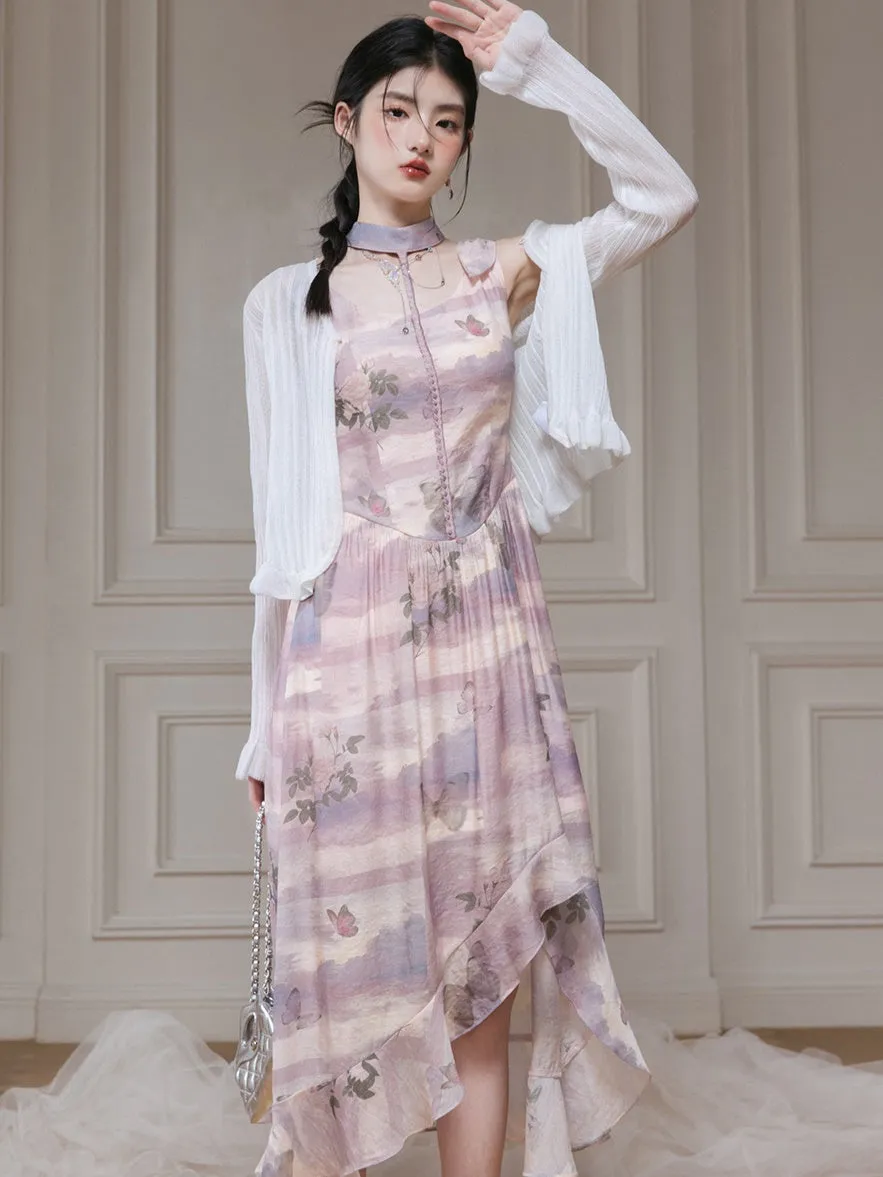 Braided Rose & Butterfly Print Sleeveless Irregular Hem Dress