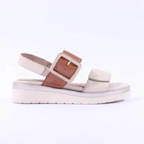 Double Velcro Low Wedge Sandal - Cream Tan