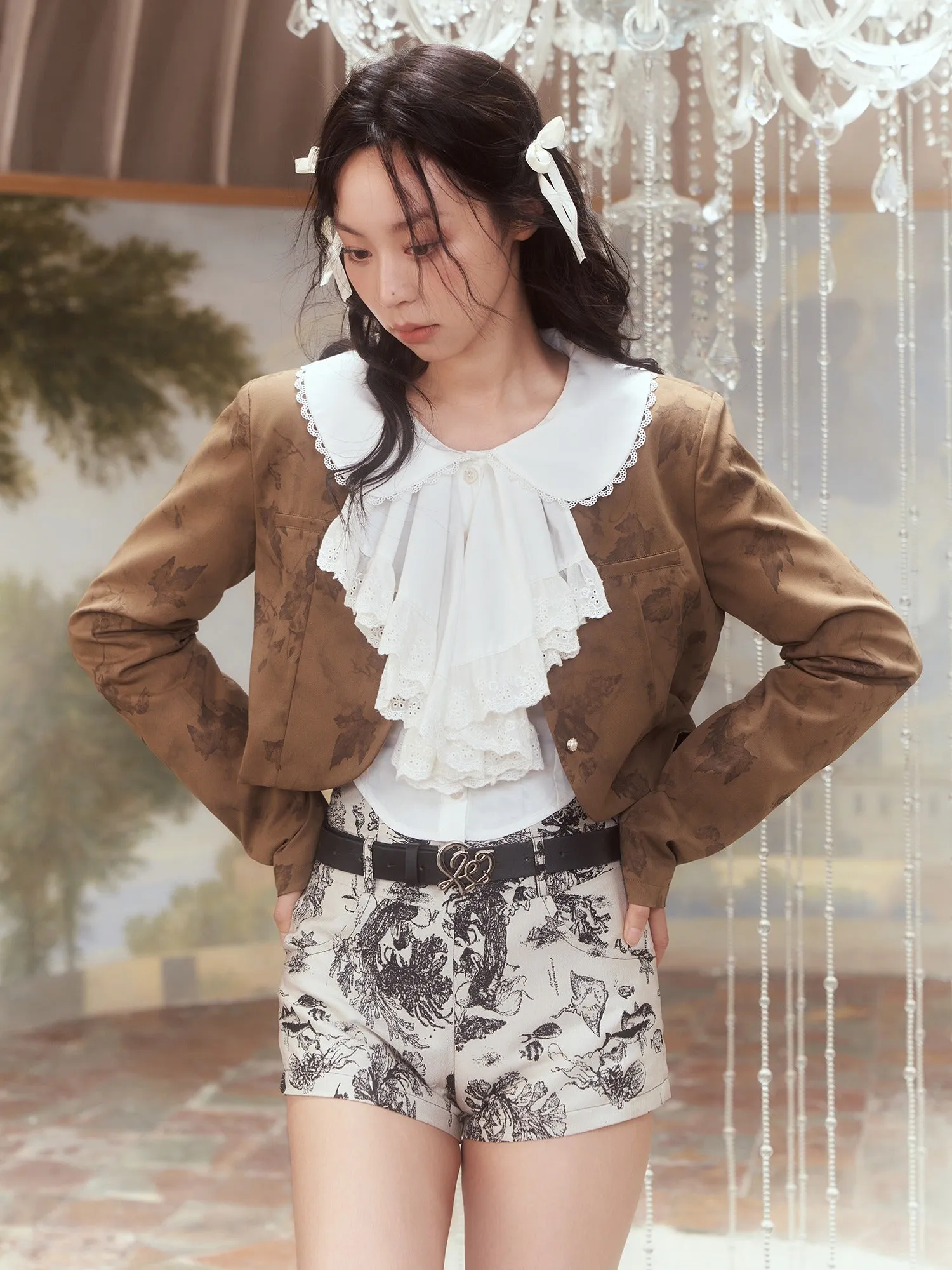 French Lace Shirt & Print Short Jacket ＆ Long Skirt