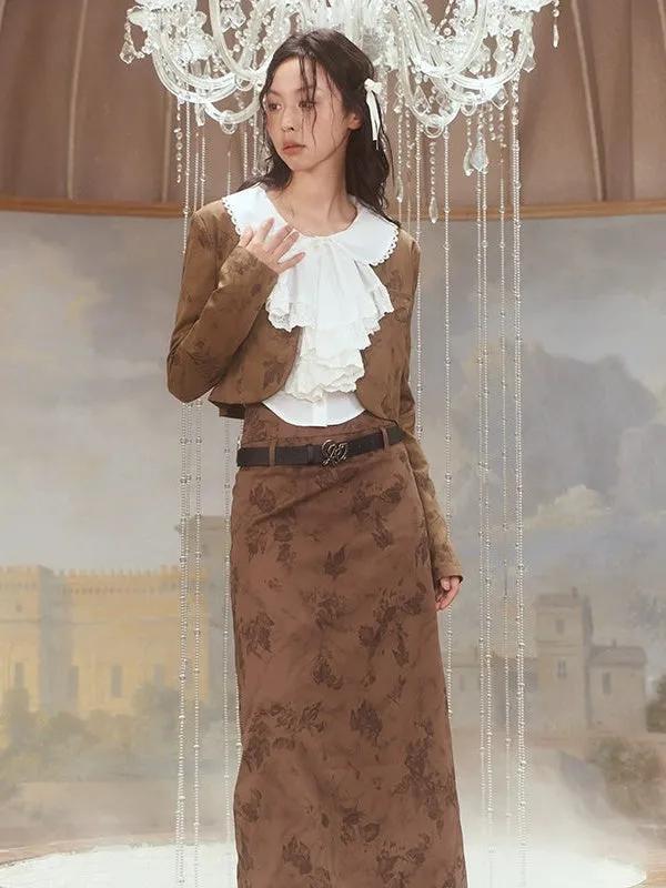 French Lace Shirt & Print Short Jacket ＆ Long Skirt