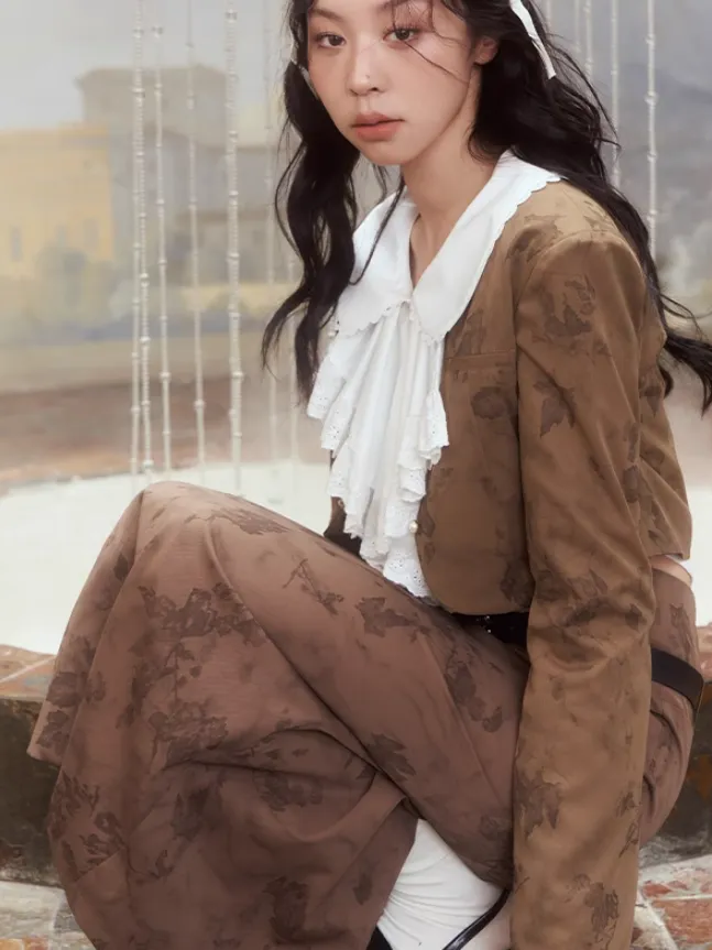 French Lace Shirt & Print Short Jacket ＆ Long Skirt
