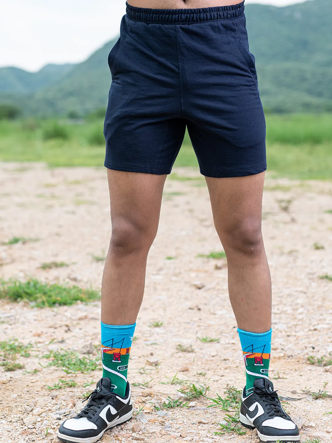 Navy Blue Cut Poket Solid Pattern Cotton Shorts