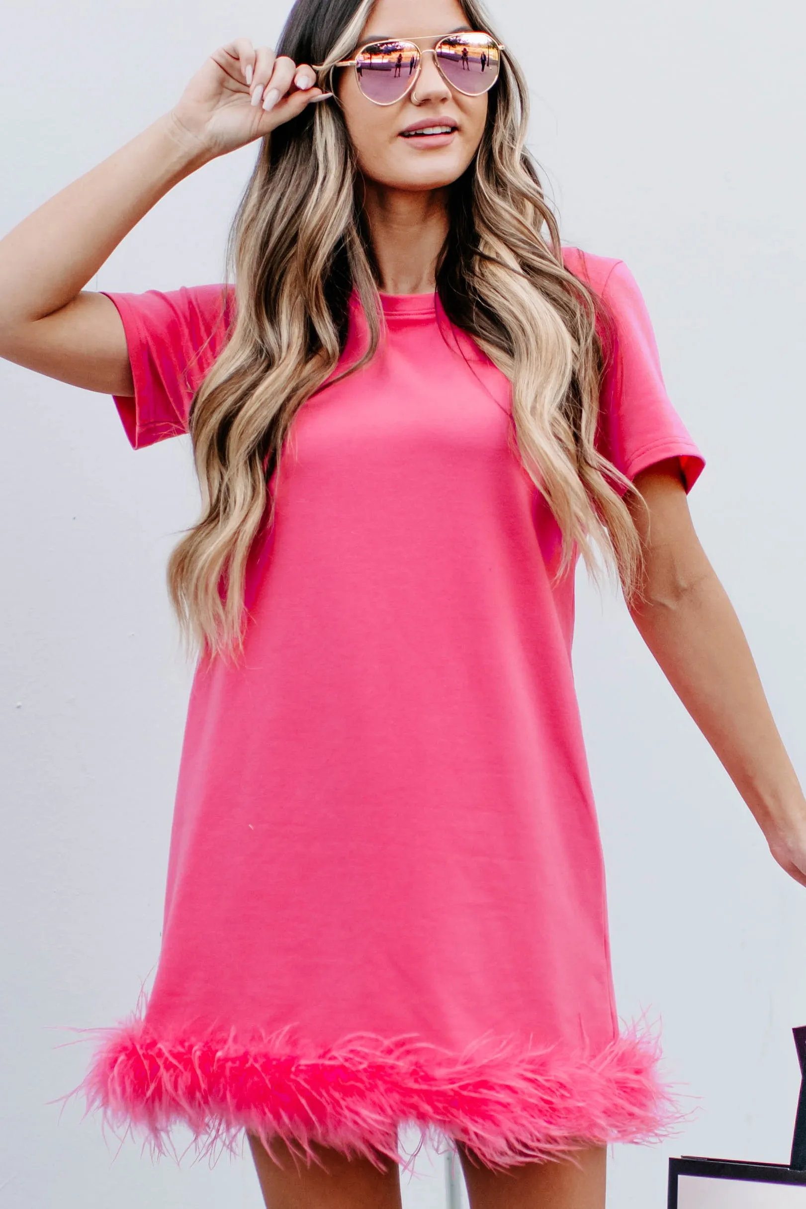No Ruffled Feathers Feather Trim T-Shirt Dress (Fuchsia)