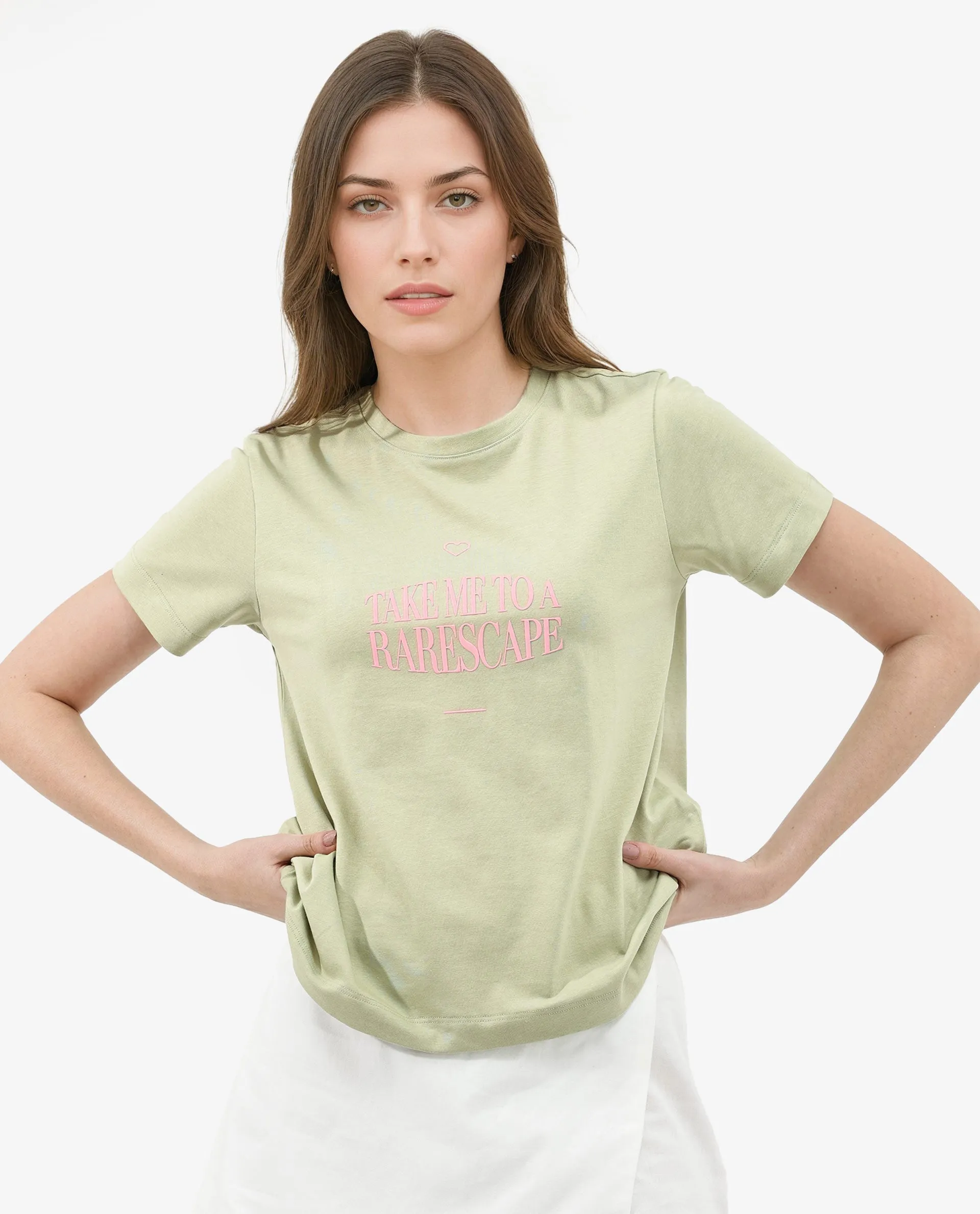 Rareism Women Erin Light Green Cotton Poly Fabric Short Sleeve Crew Neck Solid T-Shirt
