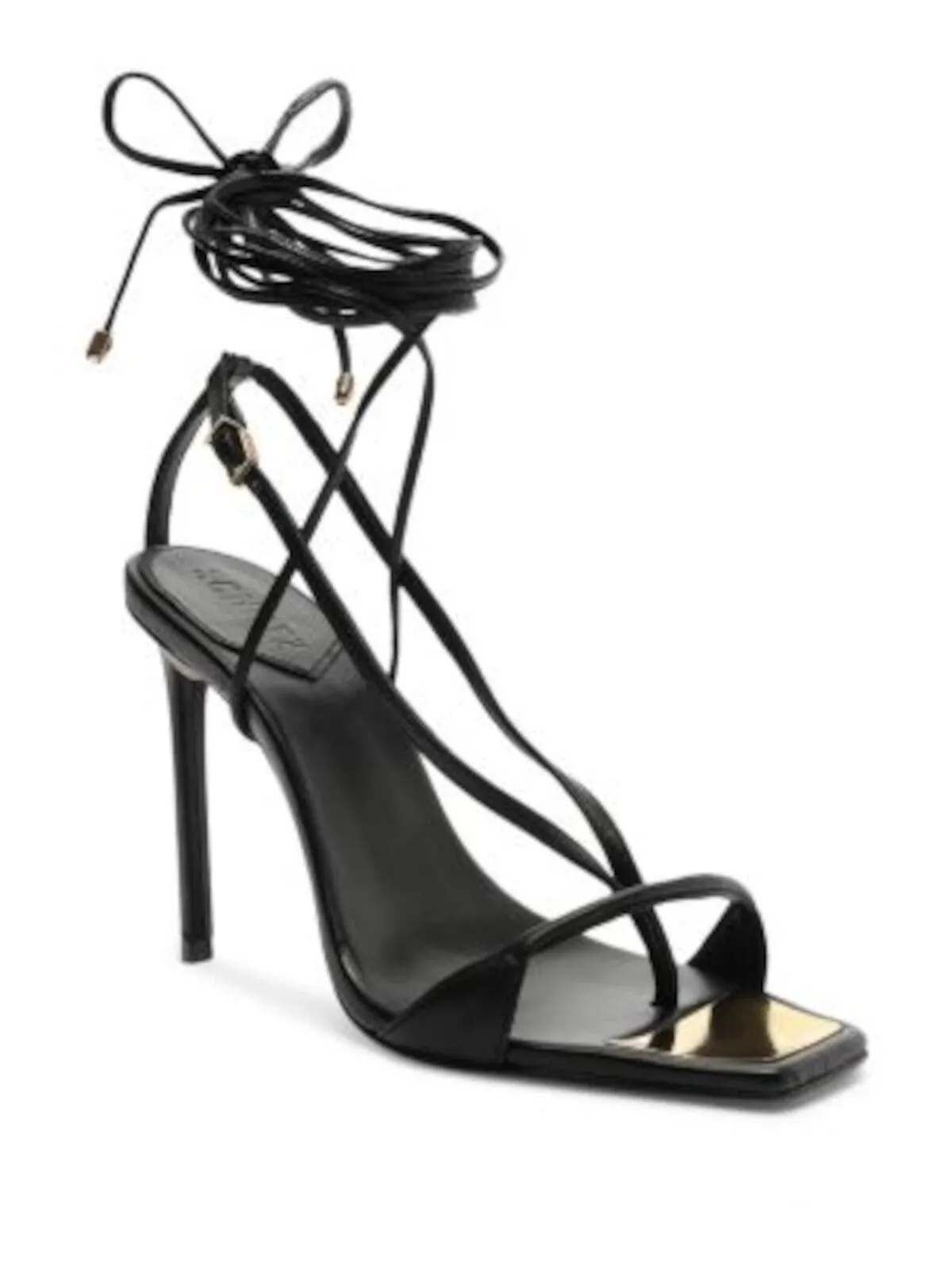 SCHUTZ Womens Black Thong Toe Wraparound Ankle Tie Strap Ankle Strap Padded Vikki Square Toe Stiletto Buckle Leather Dress Heele
