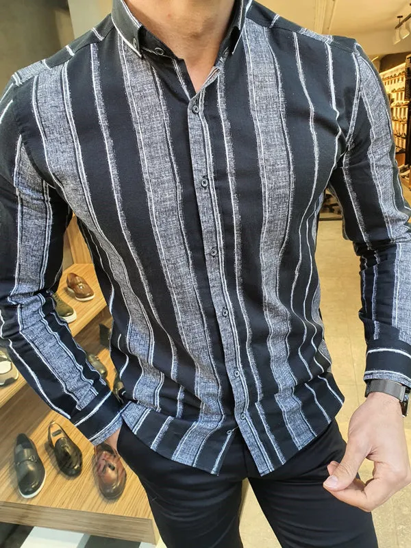 Toni  Black Slim Fit Striped Cotton Shirt
