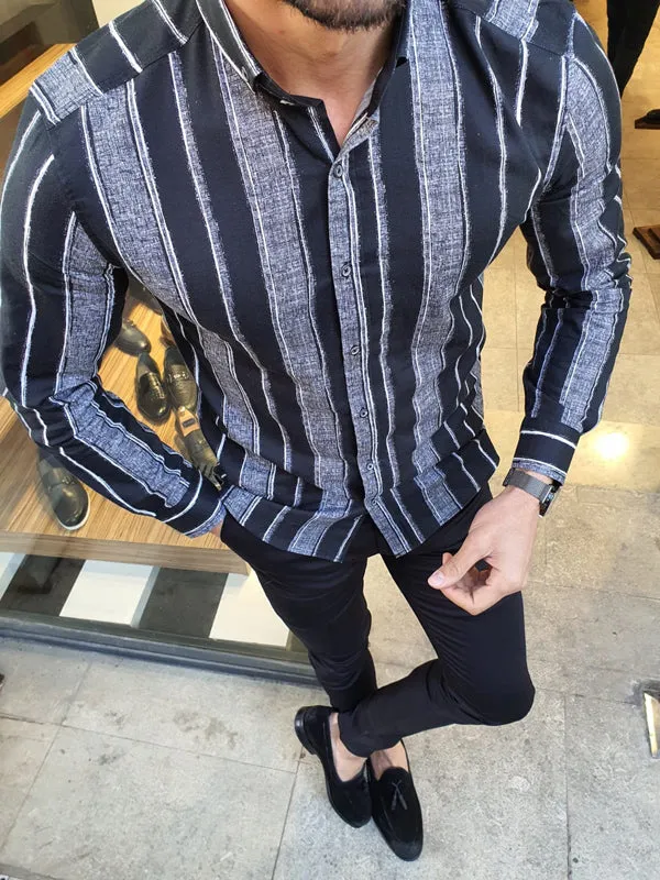 Toni  Black Slim Fit Striped Cotton Shirt