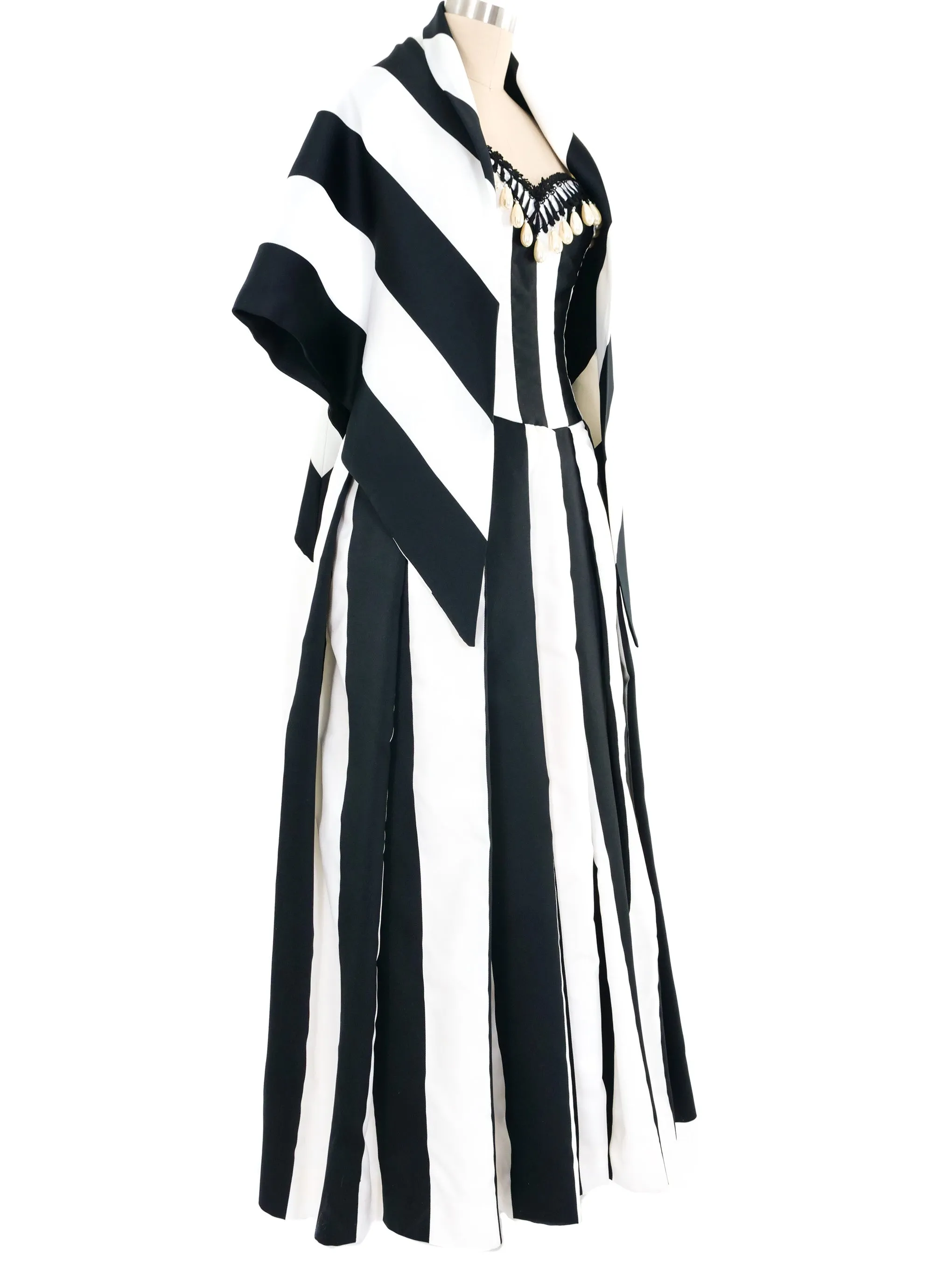 Victor Costa Pearl Trimmed Black And White Striped Gown Ensemble