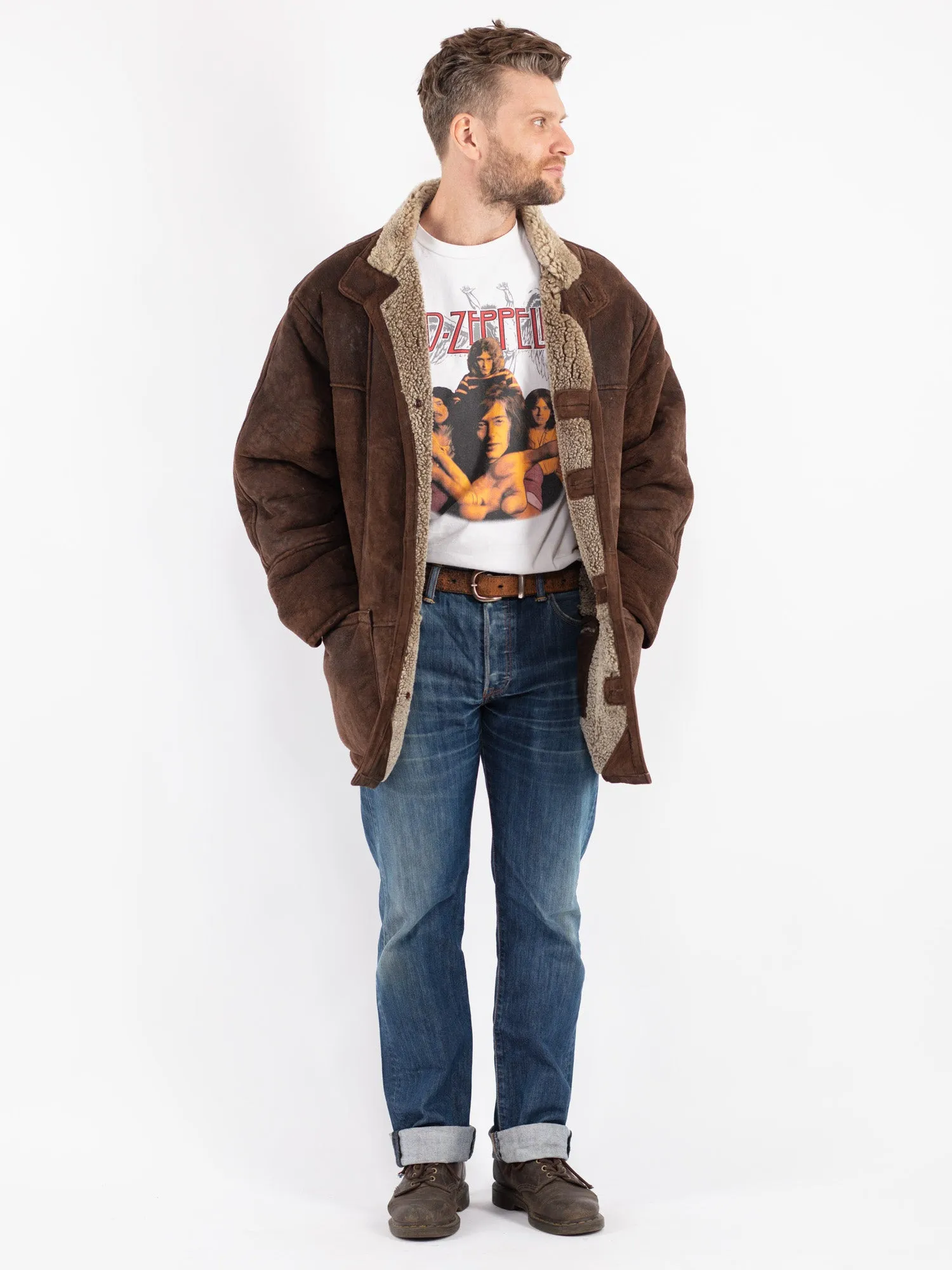 Vintage 90's Men Sheepskin Coat in Brown
